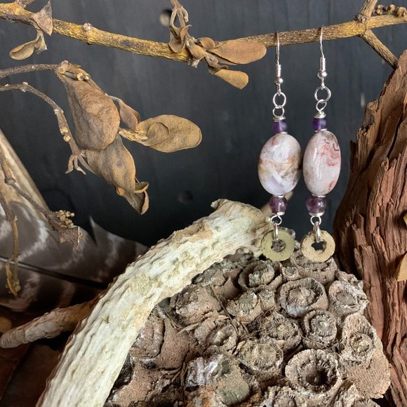Amethyst & Crinoid Fossil (Indian Bead) Sterling Silver Earrings - Picture 1 of 5